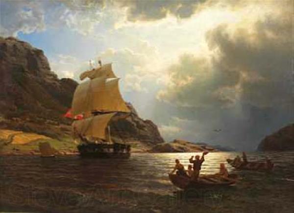 Hans Gude Hjemvendende hvalfangerskip i en norsk havn Norge oil painting art